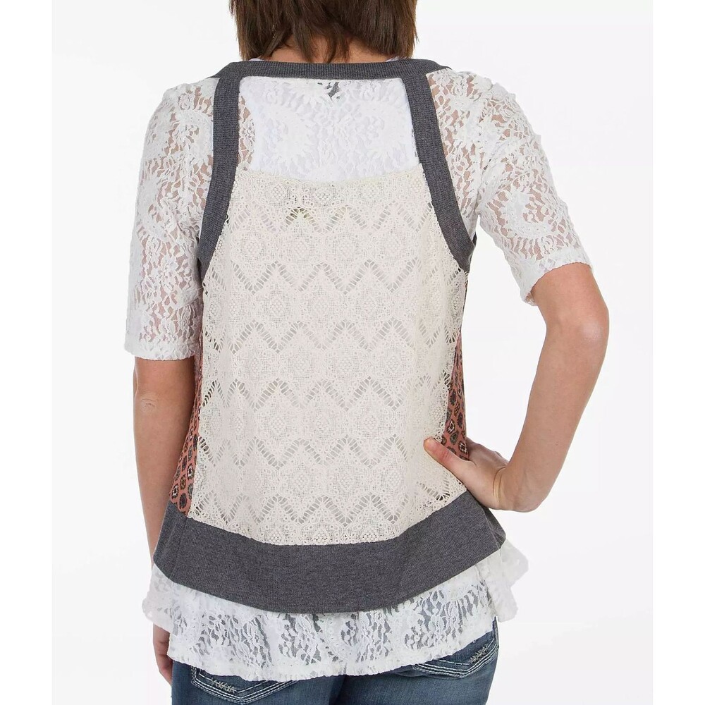 Gimmicks by BKE Pieced Vest Size M Lace Back Linen Printed Multicolor - Picture 2 of 10